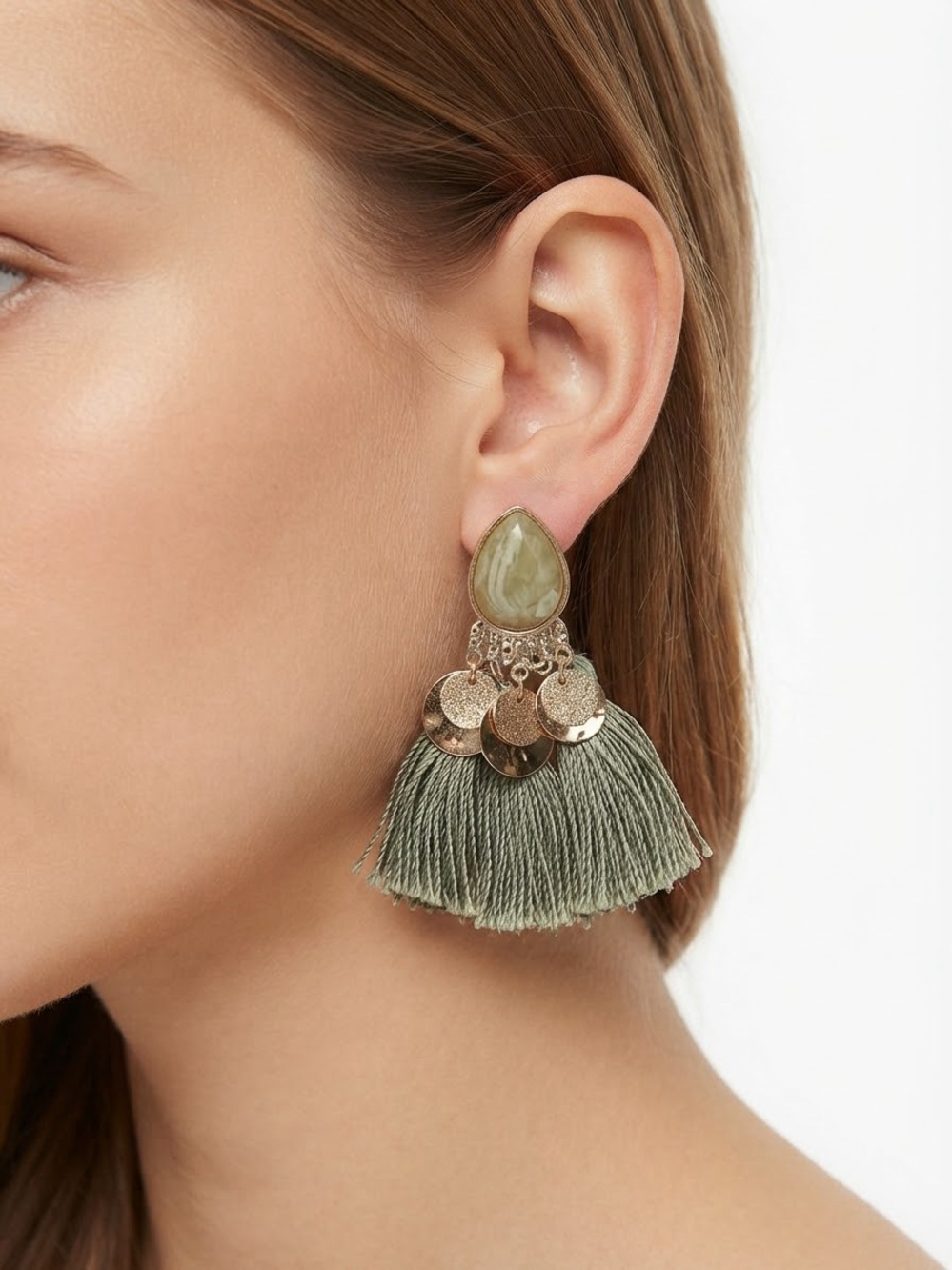H&M Olive Green Tassel Earrings with Gold Discs